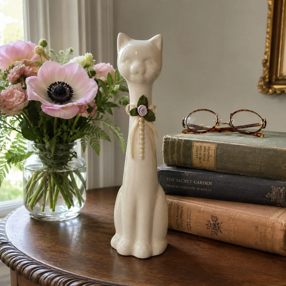 Vintage White Ceramic Cat Figurine | 10 Inch Tall Mid Century Modern Statue